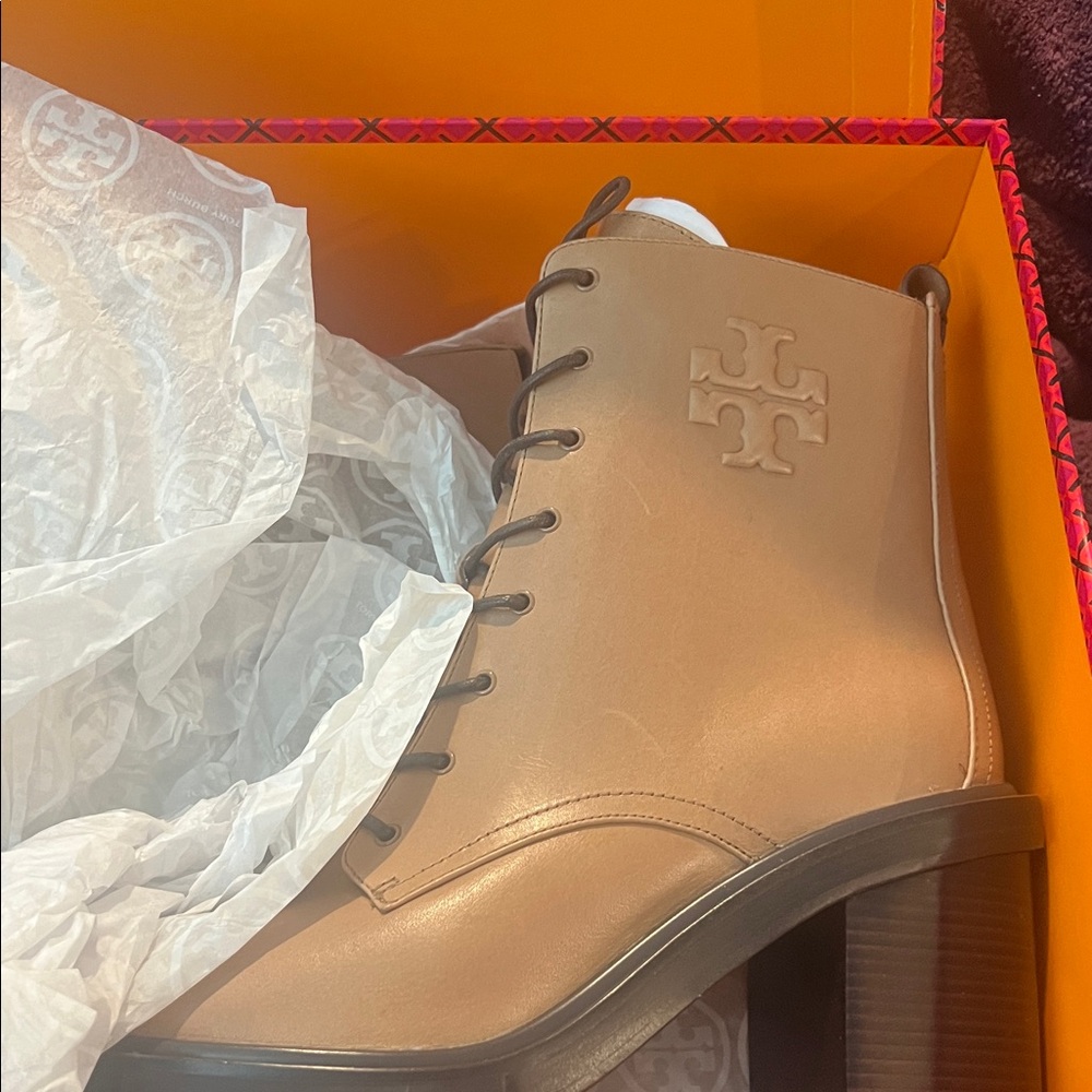 Tory Burch Vibrant Pink NEW TAN BOOTS Patterned Box
